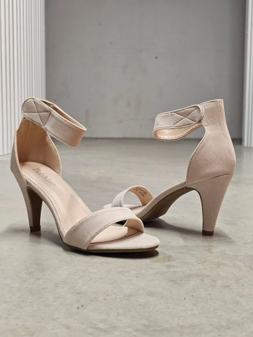 Taupe Suede Open-Toe Heels With Ankle Strap Bella Marie Brand